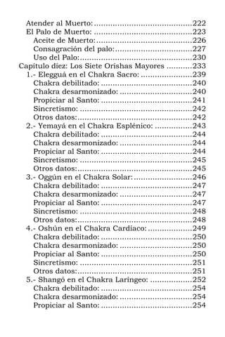 Atender al Muerto:..........................................222
El Palo de Muerto: ..........................................223
Aceite de Muerto:.........................................226
Consagración del palo:.................................227
Uso del Palo:................................................230
Capítulo díez: Los Siete Orishas Mayores ...........233
1.- Elegguá en el Chakra Sacro: ......................239
Chakra debilitado: .......................................240
Chakra desarmonizado: ...............................240
Propiciar al Santo: .......................................241
Sincretismo: ................................................242
Otros datos:.................................................242
2.- Yemayá en el Chakra Esplénico: ................243
Chakra debilitado: .......................................244
Chakra desarmonizado: ...............................244
Propiciar al Santo: .......................................244
Sincretismo: ................................................245
Otros datos:.................................................245
3.- Oggún en el Chakra Solar:.........................246
Chakra debilitado: .......................................247
Chakra desarmonizado: ...............................247
Propiciar al Santo: .......................................247
Sincretismo: ................................................248
Otros datos:.................................................248
4.- Oshún en el Chakra Cardíaco:...................249
Chakra debilitado: .......................................250
Chakra desarmonizado: ...............................250
Propiciar al Santo: .......................................250
Sincretismo: ................................................251
Otros datos:.................................................251
5.- Shangó en el Chakra Laríngeo: ..................252
Chakra debilitado: .......................................254
Chakra desarmonizado: ...............................254
Propiciar al Santo: .......................................254
 