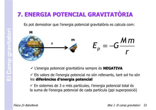 7. ENERGIA POTENCIAL GRAVITATÒRIA
                               Es pot demostrar que l’energia potencial gravitatòria es calcula com:
El Camp gravitatori



                                   M
                                                              m
                                                                                     Mm
                                                 r
                                                                            E p = −G
                                                                                      r
                                        L’energia potencial gravitatòria sempre és NEGATIVA
                                       Els valors de l’energia potencial no són rellevants, tant sol ho són
                                    les diferències d’energia potencial
                                       En sistemes de 3 o més partícules, l’energia potencial total és
                                    la suma de l’energia potencial de cada partícula (ppi superposició)



                      Física 2n Batxillerat.                                         Bloc I. El camp gravitatori   22
 