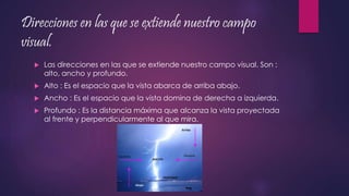 Direcciones en las que se extiende nuestro campo
visual.
 Las direcciones en las que se extiende nuestro campo visual. Son :
alto, ancho y profundo.
 Alto : Es el espacio que la vista abarca de arriba abajo.
 Ancho : Es el espacio que la vista domina de derecha a izquierda.
 Profundo : Es la distancia máxima que alcanza la vista proyectada
al frente y perpendicularmente al que mira.
 
