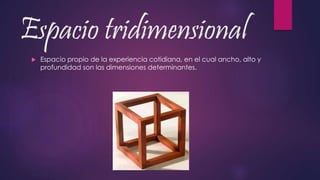 Espacio tridimensional
 Espacio propio de la experiencia cotidiana, en el cual ancho, alto y
profundidad son las dimensiones determinantes.
 