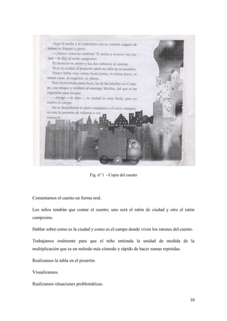 Fig. nº 1 - Copia del cuento

Comentamos el cuento en forma oral.
Los niños tendrán que contar el cuento; uno será el ratón de ciudad y otro el ratón
campesino.
Hablar sobre como es la ciudad y como es el campo donde viven los ratones del cuento.
Trabajamos oralmente para que el niño entienda la unidad de medida de la
multiplicación que es un método más cómodo y rápido de hacer sumas repetidas.
Realizamos la tabla en el pizarrón.
Visualizamos.
Realizamos situaciones problemáticas.

10

 