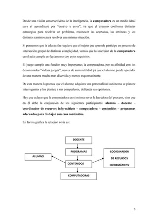 Desde una visión constructivista de la inteligencia, la computadora es un medio ideal
para el aprendizaje por “ensayo y error”, ya que el alumno conforma distintas
estrategias para resolver un problema, reconocer las acertadas, las erróneas y los
distintos caminos para resolver una misma situación.
Si pensamos que la educación requiere que el sujeto que aprende participe en proceso de
interacción grupal de distintas complejidad, vemos que la inserción de la computadora
en el aula cumple perfectamente con estos requisitos.
El juego cumple una función muy importante; la computadora, por su afinidad con los
denominados “videos juegos”, nos es de suma utilidad ya que el alumno puede aprender
de una manera mucha mas divertida y menos esquematizante.
De esta manera logramos que el alumno adquiera una personalidad autónoma se plantee
interrogantes y los plantee a sus compañeros, defienda sus opiniones.
Hay que aclarar que la computadora en si misma no es la hacedora del proceso, sino que
en él debe la conjunción de los siguientes participantes: alumno – docente –
coordinador de recursos informáticos – computadora – contenidos – programas
adecuados para trabajar con esos contenidos.
En forma grafica la relación sería así:

DOCENTE

PROGRAMAS
ALUMNO

COORDINADOR
DE RECURSOS

CONTENIDOS

INFORMÁTICOS

COMPUTADORAS

3

 