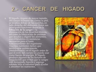 2.-   CANCER   DE   HIGADOEl hígado, órgano de mayor tamaño del cuerpo humano sin contar la piel, se localiza debajo de las costillas, en lado derecho del abdomen. Entre sus principales funciones destacan la filtración de la sangre y la eliminación de los desechos tóxicos, así como la fabricación de enzimas que ayudan a digerir los alimentos, convirtiéndolos en sustancias necesarias para el buen funcionamiento del organismo. Algunos nutrientes tienen que modificarse químicamente (metabolizarse) en el hígado antes de que el resto del cuerpo los pueda usar como fuente de energía. El hígado produce algunos de los factores de coagulación que evitan que la sangre esté demasiado líquida y segrega además bilis al intestino para ayudar a absorber los nutrientes. 