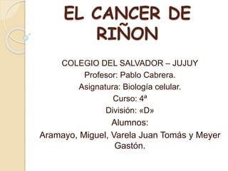 EL CANCER DE
RIÑON
COLEGIO DEL SALVADOR – JUJUY
Profesor: Pablo Cabrera.
Asignatura: Biología celular.
Curso: 4ª
División: «D»
Alumnos:
Aramayo, Miguel, Varela Juan Tomás y Meyer
Gastón.
 