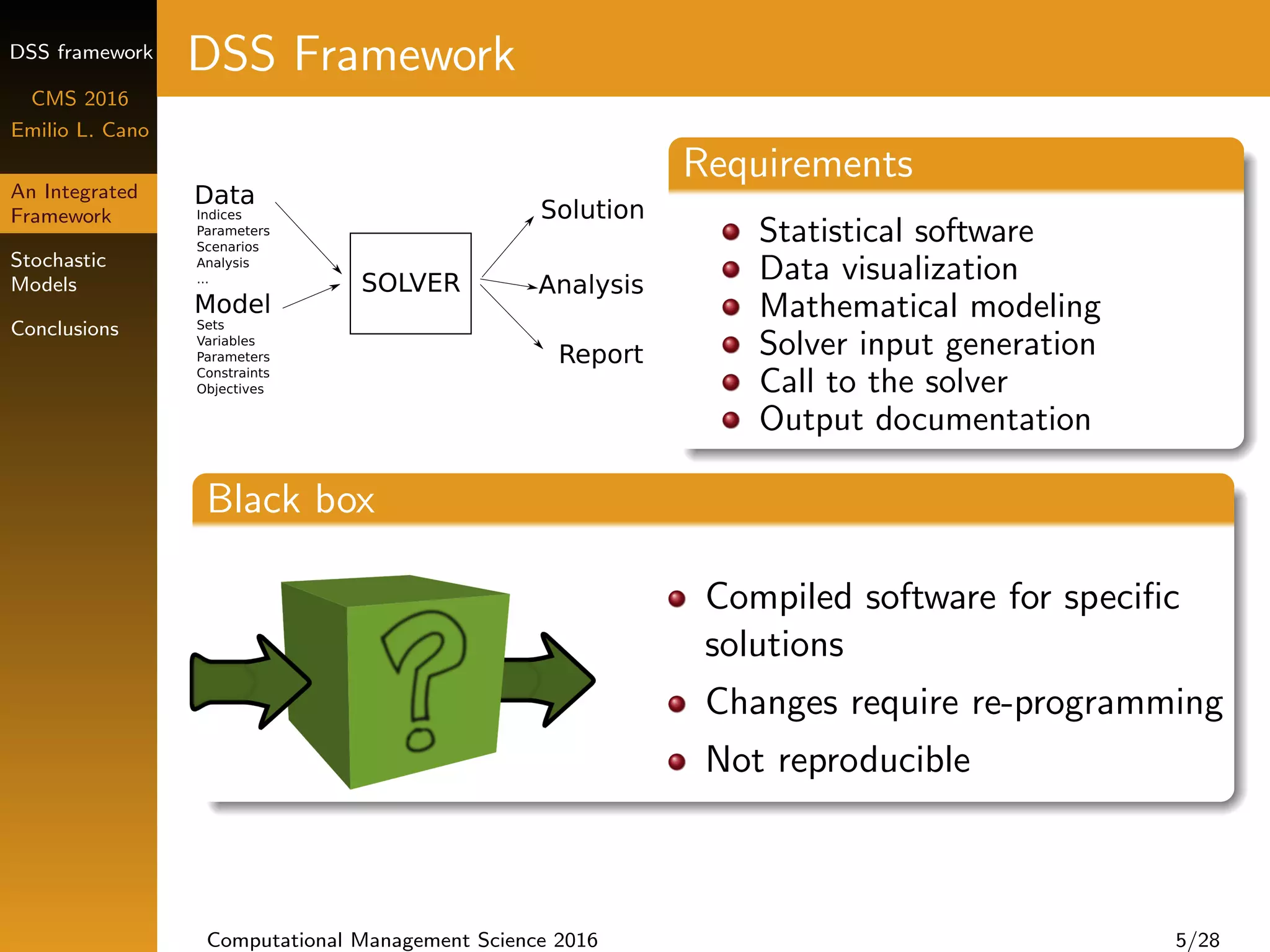 DSS framework
CMS 2016
Emilio L. Cano
An Integrated
Framework
Stochastic
Models
Conclusions
DSS Framework
Requirements
Statistical software
Data visualization
Mathematical modeling
Solver input generation
Call to the solver
Output documentation
Black box
Compiled software for speciﬁc
solutions
Changes require re-programming
Not reproducible
Computational Management Science 2016 5/28
 