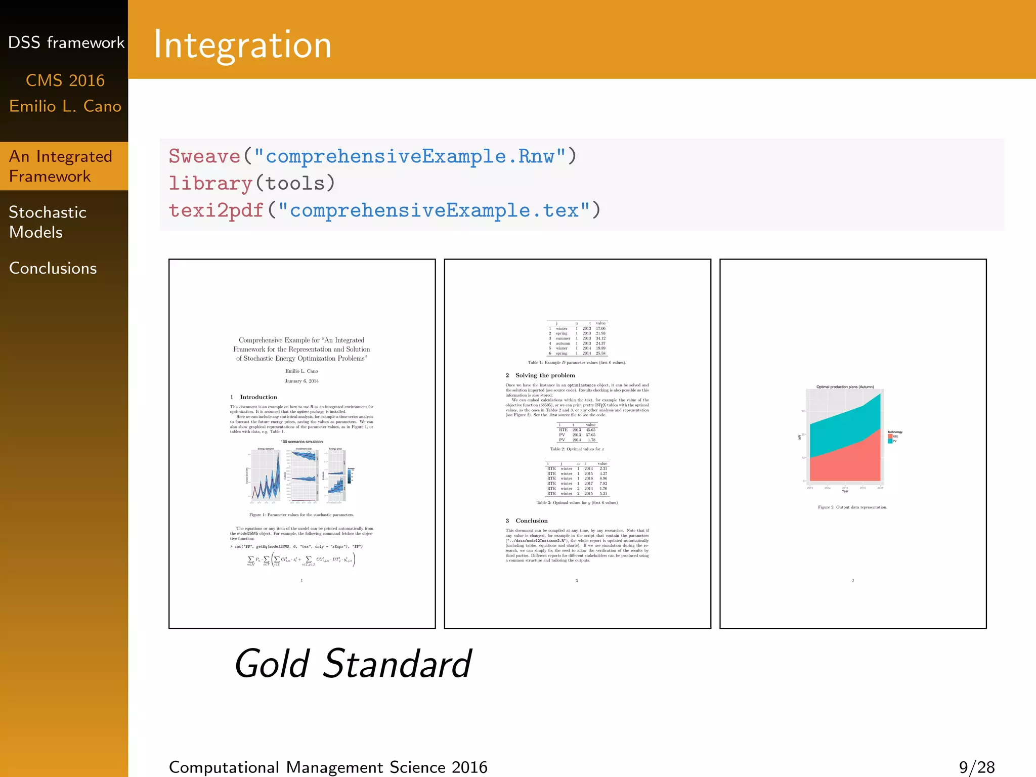 DSS framework
CMS 2016
Emilio L. Cano
An Integrated
Framework
Stochastic
Models
Conclusions
Integration
Sweave("comprehensiveExample.Rnw")
library(tools)
texi2pdf("comprehensiveExample.tex")
Comprehensive Example for “An Integrated
Framework for the Representation and Solution
of Stochastic Energy Optimization Problems”
Emilio L. Cano
January 6, 2014
1 Introduction
This document is an example on how to use R as an integrated environment for
optimization. It is assumed that the optimr package is installed.
Here we can include any statistical analysis, for example a time series analysis
to forecast the future energy prices, saving the values as parameters. We can
also show graphical representations of the parameter values, as in Figure 1, or
tables with data, e.g. Table 1.
100 scenarios simulation
20
40
60
80
2013 2014 2015 2016
Demandlevel(kW)
Energy demand
0
500
1000
1500
2000
2500
0
500
1000
1500
2000
2500
0
500
1000
1500
2000
2500
CHPPVRTE
2013 2014 2015 2016 2017
EUR/kW
Investment cost
0.1
0.2
0.3
0.1
0.2
0.3
CHPRTE
2013 2014 2015 2016
EUR/kWh
25
50
75
100
Scenario
Energy price
Figure 1: Parameter values for the stochastic parameters.
The equations or any item of the model can be printed automatically from
the model2SMS object. For example, the following command fetches the objec-
tive function:
> cat("$$", getEq(model2SMS, 6, "tex", only = "rExpr"), "$$")
n∈N
Pn ·
t∈T


i∈I
CI t
i,n · xt
i +
i∈I,j∈J
COt
i,j,n · DTt
j · yt
i,j,n


1
j n t value
1 winter 1 2013 17.06
2 spring 1 2013 21.93
3 summer 1 2013 34.12
4 autumn 1 2013 24.37
5 winter 1 2014 19.89
6 spring 1 2014 25.58
Table 1: Example D parameter values (ﬁrst 6 values).
2 Solving the problem
Once we have the instance in an optimInstance object, it can be solved and
the solution imported (see source code). Results checking is also possible as this
information is also stored:
We can embed calculations within the text, for example the value of the
objective function (68595), or we can print pretty LATEX tables with the optimal
values, as the ones in Tables 2 and 3, or any other analysis and representation
(see Figure 2). See the .Rnw source ﬁle to see the code.
i t value
RTE 2013 45.65
PV 2013 57.65
PV 2014 1.78
Table 2: Optimal values for x
i j n t value
RTE winter 1 2014 2.31
RTE winter 1 2015 4.27
RTE winter 1 2016 8.96
RTE winter 1 2017 7.92
RTE winter 2 2014 1.76
RTE winter 2 2015 5.21
Table 3: Optimal values for y (ﬁrst 6 values)
3 Conclusion
This document can be compiled at any time, by any researcher. Note that if
any value is changed, for example in the script that contain the parameters
("../data/model2Instance2.R"), the whole report is updated automatically
(including tables, equations and charts). If we use simulation during the re-
search, we can simply ﬁx the seed to allow the veriﬁcation of the results by
third parties. Diﬀerent reports for diﬀerent stakeholders can be produced using
a common structure and tailoring the outputs.
2
0
10
20
30
2013 2014 2015 2016 2017
Year
kW
Technology
RTE
PV
Optimal production plans (Autumn)
Figure 2: Output data representation.
3
Gold Standard
Computational Management Science 2016 9/28
 