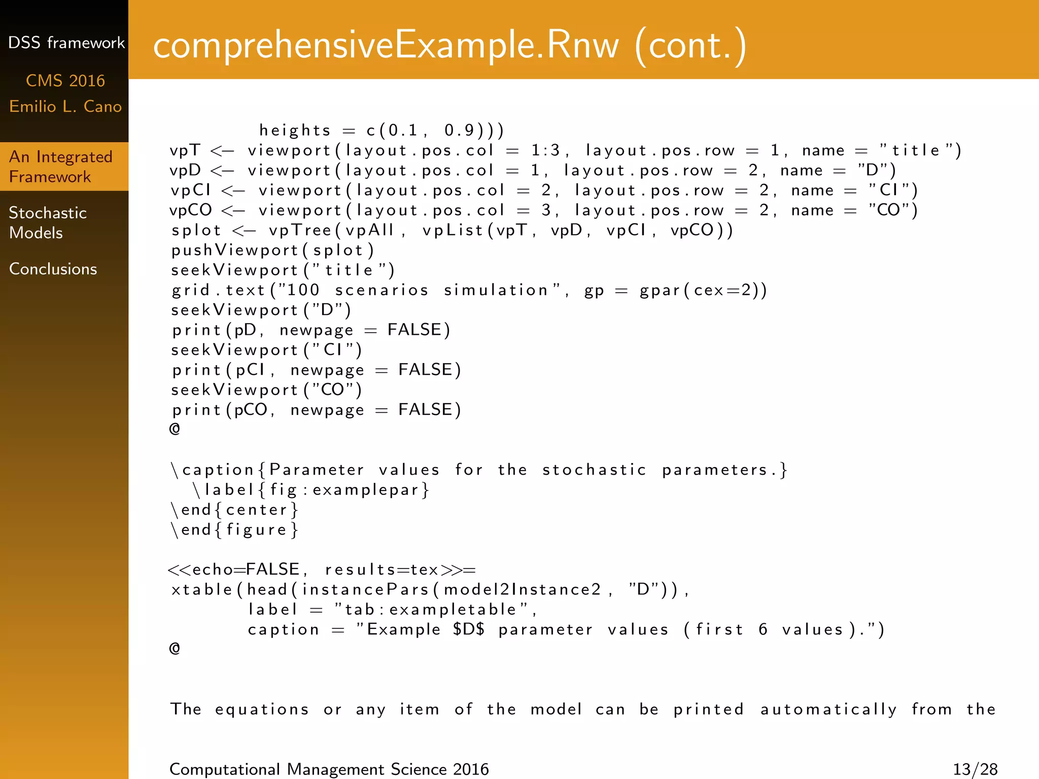 DSS framework
CMS 2016
Emilio L. Cano
An Integrated
Framework
Stochastic
Models
Conclusions
comprehensiveExample.Rnw (cont.)
h e i g h t s = c ( 0 . 1 , 0 . 9 ) ) )
vpT <− viewport ( l a y o u t . pos . c o l = 1:3 , l a y o u t . pos . row = 1 , name = ” t i t l e ”)
vpD <− viewport ( l a y o u t . pos . c o l = 1 , l a y o u t . pos . row = 2 , name = ”D”)
vpCI <− viewport ( l a y o u t . pos . c o l = 2 , l a y o u t . pos . row = 2 , name = ”CI ”)
vpCO <− viewport ( l a y o u t . pos . c o l = 3 , l a y o u t . pos . row = 2 , name = ”CO”)
s p l o t <− vpTree ( vpAll , v p L i s t (vpT , vpD , vpCI , vpCO ))
pushViewport ( s p l o t )
seekViewport ( ” t i t l e ”)
g r i d . t e x t (”100 s c e n a r i o s s i m u l a t i o n ”, gp = gpar ( cex =2))
seekViewport ( ”D”)
p r i n t (pD, newpage = FALSE)
seekViewport ( ”CI ”)
p r i n t ( pCI , newpage = FALSE)
seekViewport ( ”CO”)
p r i n t (pCO, newpage = FALSE)
@
 c a p t i o n { Parameter v a l u e s f o r the s t o c h a s t i c parameters .}
 l a b e l { f i g : examplepar }
end{ c e n t e r }
end{ f i g u r e }
<<echo=FALSE , r e s u l t s=tex>>=
x t a b l e ( head ( i n s t a n c e P a r s ( model2Instance2 , ”D”) ) ,
l a b e l = ”tab : exampletable ”,
c a p t i o n = ”Example $D$ parameter v a l u e s ( f i r s t 6 v a l u e s ) . ”)
@
The e q u a t i o n s or any item of the model can be p r i n t e d a u t o m a t i c a l l y from the
Computational Management Science 2016 13/28
 