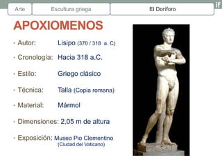 Arte          Escultura griega              El Doríforo


APOXIOMENOS
• Autor:        Lisipo (370 / 318   a. C)

• Cronología: Hacia 318 a.C.

• Estilo:       Griego clásico

• Técnica:      Talla (Copia romana)

• Material:     Mármol

• Dimensiones: 2,05 m de altura

• Exposición: Museo Pio Clementino
                (Ciudad del Vaticano)
 