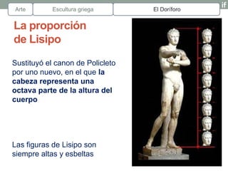 Arte        Escultura griega      El Doríforo


La proporción
de Lisipo
Sustituyó el canon de Policleto
por uno nuevo, en el que la
cabeza representa una
octava parte de la altura del
cuerpo




Las figuras de Lisipo son
siempre altas y esbeltas
 