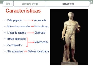 Arte        Escultura griega            El Doríforo


Características
• Pelo pegado            Arcaizante

• Músculos marcados      Naturalismo

• Línea de cadera        Diartrosis

• Brazo separado
                         Movimiento
• Contraposto

• Sin expresión     Belleza idealizada
 