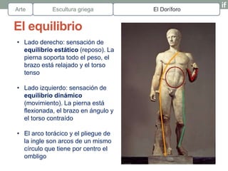 Arte        Escultura griega         El Doríforo


El equilibrio
• Lado derecho: sensación de
  equilibrio estático (reposo). La
  pierna soporta todo el peso, el
  brazo está relajado y el torso
  tenso

• Lado izquierdo: sensación de
  equilibrio dinámico
  (movimiento). La pierna está
  flexionada, el brazo en ángulo y
  el torso contraído

• El arco torácico y el pliegue de
  la ingle son arcos de un mismo
  círculo que tiene por centro el
  ombligo
 