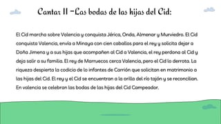Cantar II –Las bodas de las hijas del Cid:
El Cid marcha sobre Valencia y conquista Jérica, Onda, Almenar y Murviedro. El Cid
conquista Valencia, envía a Minaya con cien caballos para el rey y solicita dejar a
Doña Jimena y a sus hijas que acompañen al Cid a Valencia, el rey perdona al Cid y
deja salir a su familia. El rey de Marruecos cerca Valencia, pero el Cid lo derrota. La
riqueza despierta la codicia de lo infantes de Carrión que solicitan en matrimonio a
las hijas del Cid. El rey y el Cid se encuentran a la orilla del río tajón y se reconcilian.
En valencia se celebran las bodas de las hijas del Cid Campeador.
 