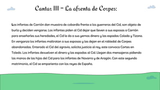 Cantar III – La afrenta de Corpes:
Los infantes de Carrión dan muestra de cobardía frente a los guerreros del Cid, son objeto de
burla y deciden vengarse. Los infantes piden al Cid dejar que lleven a sus esposas a Carrión
para enseñarles sus heredades, el Cid le da a sus yernos dinero y las espadas Colada y Tizona.
En venganza los infantes maltratan a sus esposas y las dejan en el robledal de Corpes
abandonadas. Enterado el Cid del agravio, solicita justicia al rey, este convoca Cortes en
Toledo. Los infantes devuelven el dinero y las espadas al Cid. Llegan dos mensajeros pidiendo
las manos de las hijas del Cid para los infantes de Navarra y de Aragón. Con este segundo
matrimonio, el Cid se emparienta con los reyes de España.
 