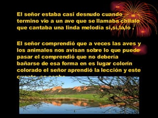 El señor estaba casi desnudo cuando termino vio a un ave que se llamaba chilalo que cantaba una linda melodía si,si,la,lo . El señor comprendió que a veces las aves y los animales nos avisan sobre lo que puede pasar el comprendió que no debería bañarse de esa forma en es lugar colorín colorado el señor aprendió la lección y este cuento  se acabo.  
