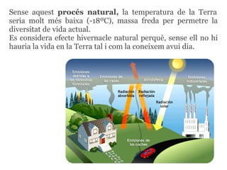 Sense aquest procés natural, la temperatura de la Terra
seria molt més baixa (-18ºC), massa freda per permetre la
diversitat de vida actual.
Es considera efecte hivernacle natural perquè, sense ell no hi
hauria la vida en la Terra tal i com la coneixem avui dia.
 