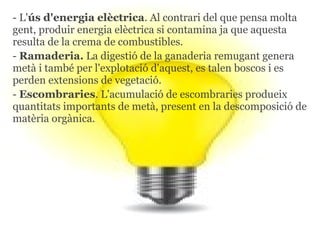 - L'ús d'energia elèctrica. Al contrari del que pensa molta
gent, produir energia elèctrica si contamina ja que aquesta
resulta de la crema de combustibles.
- Ramaderia. La digestió de la ganaderia remugant genera
metà i també per l'explotació d'aquest, es talen boscos i es
perden extensions de vegetació.
- Escombraries. L'acumulació de escombraries produeix
quantitats importants de metà, present en la descomposició de
matèria orgànica.
 