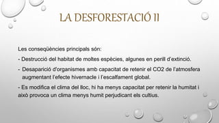 LA DESFORESTACIÓ II
Les conseqüències principals són:
- Destrucció del habitat de moltes espècies, algunes en perill d’extinció.
- Desaparició d'organismes amb capacitat de retenir el CO2 de l’atmosfera
augmentant l’efecte hivernacle i l’escalfament global.
- Es modifica el clima del lloc, hi ha menys capacitat per retenir la humitat i
això provoca un clima menys humit perjudicant els cultius.
 
