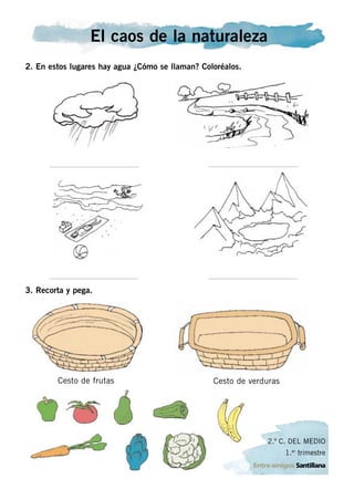 El caos de la naturaleza
2. En estos lugares hay agua ¿Cómo se llaman? Coloréalos.




3. Recorta y pega.




        Cesto de frutas                          Cesto de verduras




                                                              2.º C. DEL MEDIO
                                                                     1.er trimestre
 