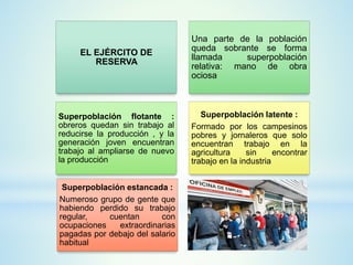 EL EJÉRCITO DE 
RESERVA 
Una parte de la población 
queda sobrante se forma 
llamada superpoblación 
relativa: mano de obra 
ociosa 
Superpoblación flotante : 
obreros quedan sin trabajo al 
reducirse la producción , y la 
generación joven encuentran 
trabajo al ampliarse de nuevo 
la producción 
Superpoblación latente : 
Formado por los campesinos 
pobres y jornaleros que solo 
encuentran trabajo en la 
agricultura sin encontrar 
trabajo en la industria 
Superpoblación estancada : 
Numeroso grupo de gente que 
habiendo perdido su trabajo 
regular, cuentan con 
ocupaciones extraordinarias 
pagadas por debajo del salario 
habitual 
 