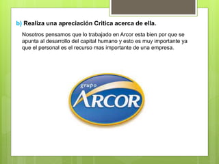 b) Realiza una apreciación Critica acerca de ella.
Nosotros pensamos que lo trabajado en Arcor esta bien por que se
apunta al desarrollo del capital humano y esto es muy importante ya
que el personal es el recurso mas importante de una empresa.
 