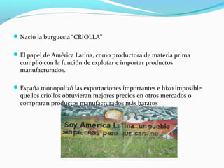 Nacio la burguesia “CRIOLLA”
El papel de América Latina, como productora de materia prima
cumplió con la función de explotar e importar productos
manufacturados.
España monopolizó las exportaciones importantes e hizo imposible
que los criollos obtuvieran mejores precios en otros mercados o
compraran productos manufacturados más baratos
 