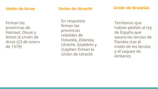 Unión de Arras Unión de Utrecht Unión de Bruselas
Firman las
provincias de
Hainaut, Douai y
Artois la Unión de
Arras (23 de enero
de 1579)
En respuesta
firman las
provincias
rebeldes de
Holanda, Zelanda,
Utrecht, Güeldres y
Zutphen firman la
Unión de Utrecht
Territorios que
habían pedido al rey
de España que
sacara los tercios de
Flandes tras el
motín de los tercios
y el saqueo de
Amberes
 