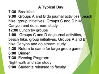 A Typical Day
7:30 Breakfast
9:00 Groups A and B do journal activities, beach
hike, group initiatives. Groups C and D hike
Canyon and do stream study
12:00 Lunch by groups
1:00 Groups C and D do journal activities,
beach hike, group initiatives. Groups A and B
hike Canyon and do stream study
4:30 Return to camp for large group games
6:00 Dinner
7:30 Evening Program:
Night walk and star study
9:00 Students released to faculty
 