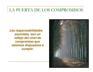 LA PUERTA DE LOS COMPROMISOS
Las responsabilidades
asumidas, son un
reflejo del nivel de
compromiso que
estamos dispuestos a
cumplir.
 