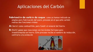 Aplicaciones del Carbón
Fabricación de carbón de coque: como ya hemos indicado se
emplea para fabricación del acero, proce...