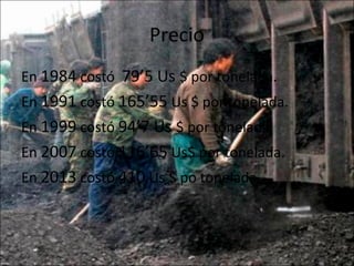Precio
En 1984 costó 79’5 Us $ por tonelada.
En 1991 costó 165’55 Us $ por tonelada.
En 1999 costó 94’7 Us $ por tonelada.
En 2007 costó 116’65 Us$ por tonelada.
En 2013 costó 410 Us $ po tonelada.
 