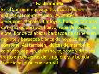 Gastronomía
En el Carmen Tequexquitla, acostumbran
disfrutar alimentos como : Ayocotes,
arverjones, nopales, tlatloyos, hongos, tamales
de maíz, quiotes con huevo, sopa de tortilla, de
elote, flor de calabaza, barbacoa de carnero en
mixiote y barbacoa blanca de hoyo con su
consomé. Así también, dulces de membrillo,
calabaza, capulín, durazno, tejocote y diversas
frutas en conservas de la región; y la bebida
tradicional el pulque natural.
 
