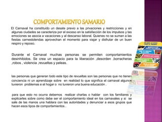 El Carnaval ha constituido un desate previo a las privaciones y restricciones y en
algunas ciudades se caracteriza por el exceso en la satisfacción de los impulsos y las
emociones se asocia a vacaciones y al descanso laboral. Quienes no se suman a las
fiestas carnestolendas aprovechan el momento para viajar y disfrutar de un buen
respiro y reposo.
Durante el Carnaval muchas personas se permiten comportamientos
desinhibidos. Se crea un espacio para la liberación ,desorden ,borracheras
,robos , violencia ,revueltas y peleas.
las personas que generan todo este tipo de revueltas son las personas que no tienen
conciencia ni un aprendizaje sobre en realidad lo que significa el carnaval algunos
tuvieron problemas e el hogar o no tuvieron una buena educación .
para que esto no ocurra debemos realizar charlas o hablar con los familiares y
explicarles sobre como debe ser el comportamiento ideal en los carnavales y si se
sale de las manos una hablara con las autoridades y denunciar a esos grupos que
hacen esos tipos de comportamientos .
 