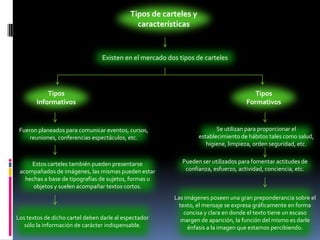Tipos de carteles y característicasExisten en el mercado dostipos de cartelesTipos InformativosTipos FormativosFueron planeados para comunicar eventos, cursos, reuniones, conferencias espectáculos, etc. Se utilizan para proporcionar el establecimiento de hábitos tales como salud, higiene, limpieza, orden seguridad, etc.Estos carteles también pueden presentarse acompañados de imágenes, las mismas pueden estar hechas a base de tipografías de sujetos, formas u objetos y suelen acompañar textos cortos.Pueden ser utilizados para fomentar actitudes de confianza, esfuerzo, actividad, conciencia, etc.Las imágenes poseen una gran preponderancia sobre el texto, el mensaje se expresa gráficamente en forma concisa y clara en donde el texto tiene un escaso margen de aparición, la función del mismo es darle énfasis a la imagen que estamos percibiendo.Los textos de dicho cartel deben darle al espectador sólo la información de carácter indispensable.