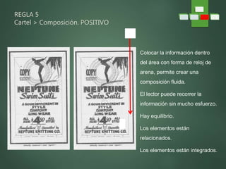 REGLA 5
Cartel > Composición. POSITIVO
Colocar la información dentro
del área con forma de reloj de
arena, permite crear una
composición fluida.
El lector puede recorrer la
información sin mucho esfuerzo.
Hay equilibrio.
Los elementos están
relacionados.
Los elementos están integrados.
1
2
 