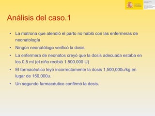 Análisis del caso.1
•  La matrona que atendió el parto no habló con las enfermeras de
neonatología
•  Ningún neonatólogo verificó la dosis.
•  La enfermera de neonatos creyó que la dosis adecuada estaba en
los 0,5 ml (el niño recibió 1.500.000 U)
•  El farmacéutico leyó incorrectamente la dosis 1,500,000u/kg en
lugar de 150,000u.
•  Un segundo farmacéutico confirmó la dosis.
 