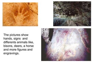 The pictures show 
hands, signs and 
differents animals like, 
bisons, deers, a horse 
and more figures and 
engravings. 
 