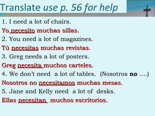 Translate use p. 56 for help
1. I need a lot of chairs.
Yo necesito muchas sillas.
2. You need a lot of magazines.
Tú necesitas muchas revistas.
3. Greg needs a lot of posters.
Greg necesita muchos carteles.
4. We don’t need a lot of tables. (Nosotros no ….)
Nosotros no necesitamos muchas mesas.
5. Jane and Kelly need a lot of desks.
Ellas necesitan muchos escritorios.
 