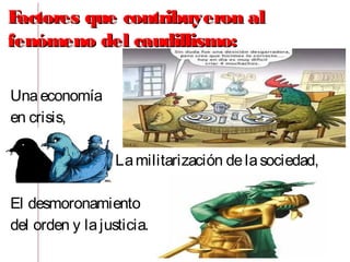 Factores que contribuyeron alFactores que contribuyeron al
fenómeno del caudillismo:fenómeno del caudillismo:
Unaeconomía
en crisis,
Lamilitarización delasociedad,
El desmoronamiento
del orden y lajusticia.
 