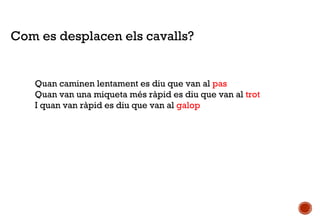 Com es desplacen els cavalls?

Quan caminen lentament es diu que van al pas
Quan van una miqueta més ràpid es diu que van al trot
I quan van ràpid es diu que van al galop

 