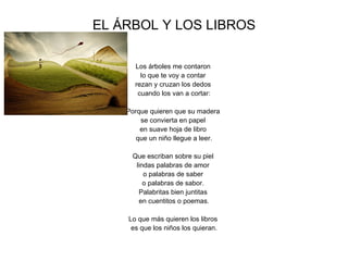EL ÁRBOL Y LOS LIBROS

      Los árboles me contaron
        lo que te voy a contar
      rezan y cruzan los dedos
       cuando los van a cortar:

    Porque quieren que su madera
        se convierta en papel
        en suave hoja de libro
       que un niño llegue a leer.

     Que escriban sobre su piel
      lindas palabras de amor
         o palabras de saber
         o palabras de sabor.
       Palabritas bien juntitas
       en cuentitos o poemas.

    Lo que más quieren los libros
     es que los niños los quieran.
 