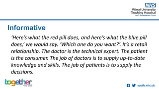 Informative
‘Here’s what the red pill does, and here’s what the blue pill
does,’ we would say. ‘Which one do you want?’. It’s a retail
relationship. The doctor is the technical expert. The patient
is the consumer. The job of doctors is to supply up-to-date
knowledge and skills. The job of patients is to supply the
decisions.
 