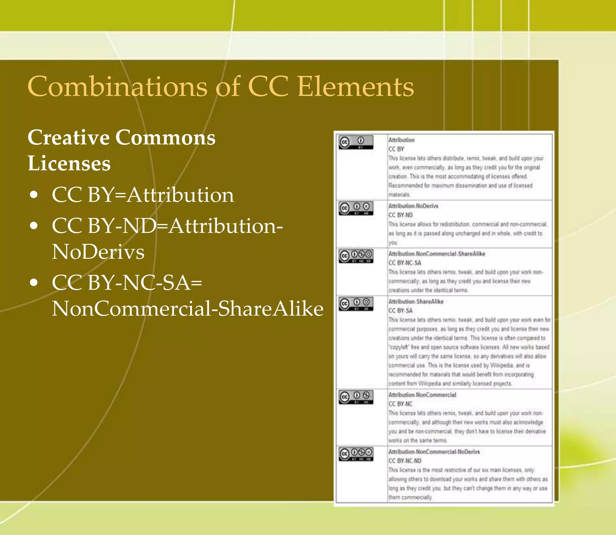 Challenges to Contributing to OER
• Technology—OERs are built on the different
platforms such as HTML vs. XML
• Time—Sharing to an OER Repository requires
manual recreating of content since SCORM or
common cartridges uploads are not standard
• Quality Assessment—reluctance to “accept” others’
work as “equivalent” to their own material or view as
“inferior” to publisher created material
• College or Faculty Property—who actually “owns”
the content created within a college system?
• If a system owns all material created by
faculty/employees while being paid with system
funds, can course material be contributed to OER?
• Creating a different CC BY license for each
OER published
• No Central OER repository
19
Super Villain by tikigod published under a
CC BY-NC-ND-2.0 license
 