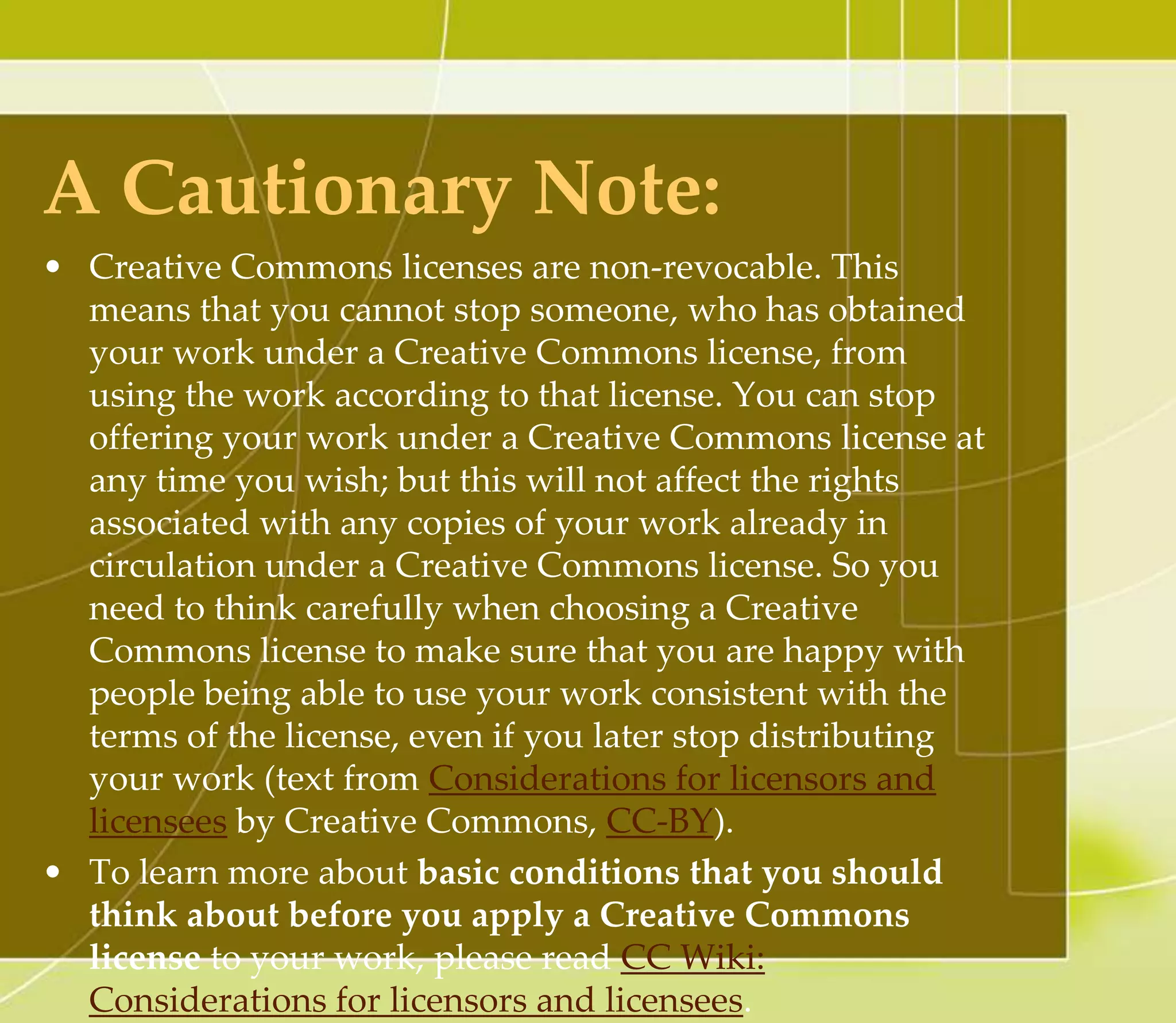 What is OER, OPEN and Creative Common License?
And where do you start….
You can jump into a search for OER in:
• Open Culture
• Coursera
• National Repository of Online Courses
• EdX
• Open2Study
• Canvas
• Connexions
• MERLOT
Materials in OER:
– Lectures
• lecture captures
– quizzes/tests
– Handouts
– course outline
– course description
– labs
– websites
– surveys on websites
– handbooks
– FAQs
 