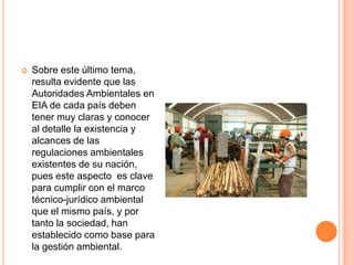 Sobre este último tema, resulta evidente que las Autoridades Ambientales en EIA de cada país deben tener muy claras y conocer al detalle la existencia y alcances de las regulaciones ambientales existentes de su nación, pues este aspecto  es clave para cumplir con el marco técnico-jurídico ambiental que el mismo país, y por tanto la sociedad, han establecido como base para la gestión ambiental.