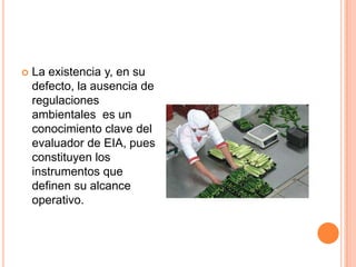 La existencia y, en su defecto, la ausencia de regulaciones  ambientales  es un conocimiento clave del evaluador de EIA, pues constituyen los instrumentos que definen su alcance operativo. 