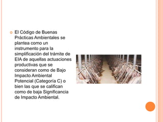 El Código de Buenas Prácticas Ambientales se plantea como un instrumento para la simplificación del trámite de EIA de aquellas actuaciones productivas que se consideran como de Bajo Impacto Ambiental Potencial (Categoría C) o bien las que se califican  como de baja Significancia de Impacto Ambiental.