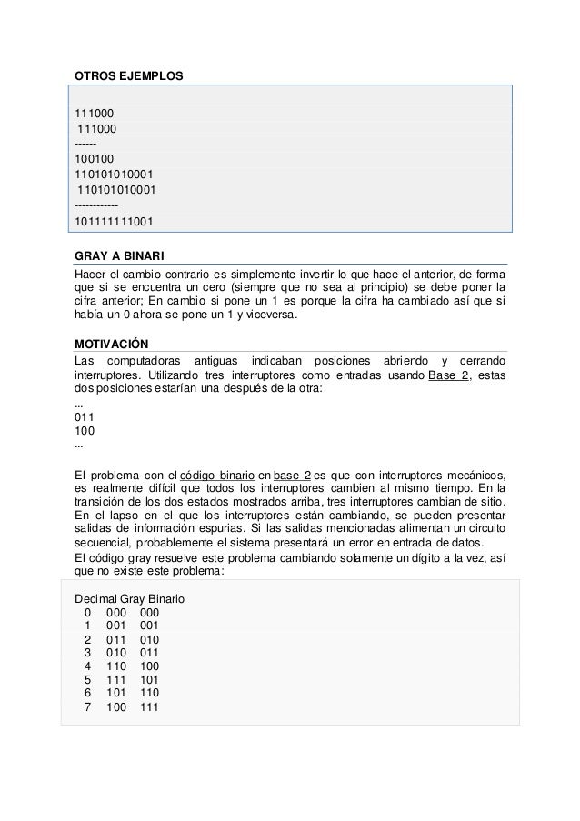 OTROS EJEMPLOS 
111000 
111000 
------ 
100100 
110101010001 
110101010001 
------------ 
101111111001 
GRAY A BINARI 
Hac...