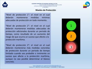 ACADEMIA MARÍTIMA DE SEGURIDAD INTEGRAL ASI LTDA.
Resolución No 0081-MD-DIMAR-SUBMERC 25 de enero de 2016
Certificación de Calidad COTECNA SG 2015000036 ISO 9001:2008
NIT 900190606-1
www.codigopbip.com,academiamaritima@codigopbip.com
Teléfono 57-1-8661435,Celular/WhatsApp57-3164490891,57-3005700816
"Nivel de protección 1": el nivel en el cual
deberán mantenerse medidas mínimas
adecuadas de protección en todo momento.
"Nivel de protección 2": el nivel en el cual
deberán mantenerse medidas adecuadas de
protección adicionales durante un periodo de
tiempo, como resultado de un aumento del
riesgo de que ocurra un suceso que afecte a la
protección marítima.
"Nivel de protección 3": el nivel en el cual
deberán mantenerse más medidas concretas
de protección durante un periodo de tiempo
limitado cuando sea probable o inminente un
suceso que afecte a la protección marítima,
aunque no sea posible determinar el blanco
concreto.
Niveles de Protección
 
