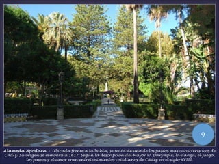 Alameda Apodaca  –  Ubicada frente a la bahía, se trata de uno de los paseos mas característicos de Cádiz. Su origen se remonta a 1617. Según la descripción del Mayor W. Darymple, la danza, el juego, los paseos y el amor eran entretenimientos cotidianos de Cádiz en el siglo XVIII. 9 