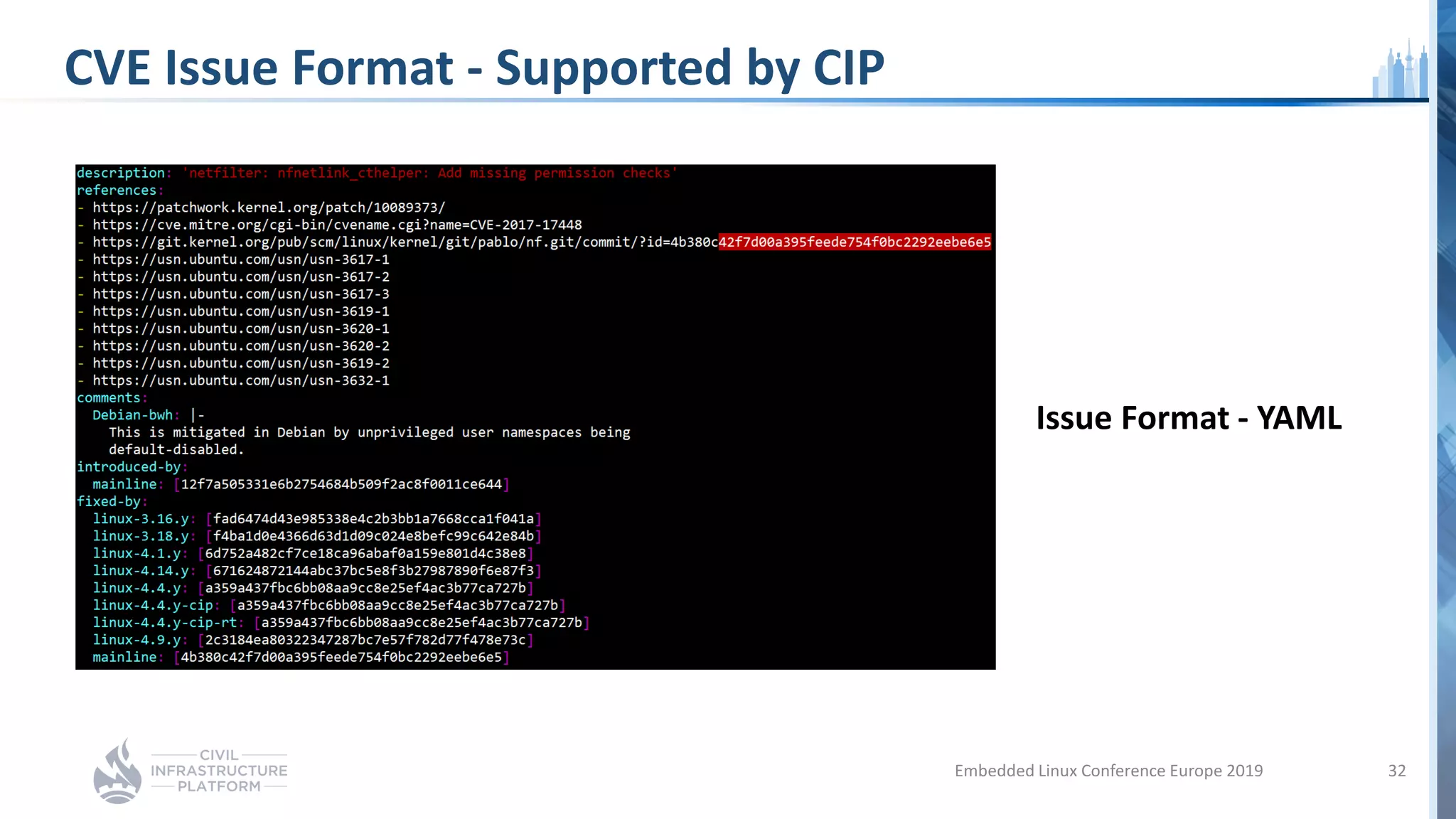 CVE Issue Format - Supported by CIP
Embedded Linux Conference Europe 2019 32
Issue Format - YAML
 